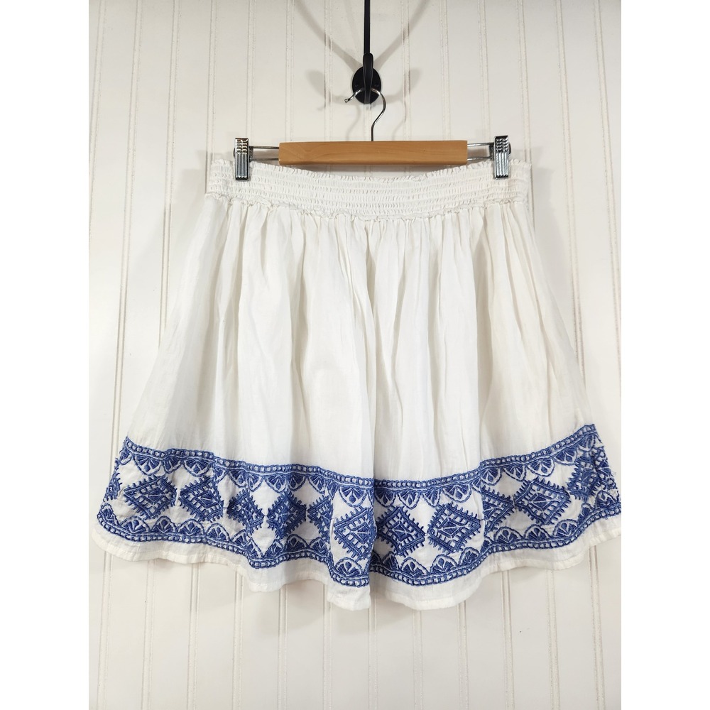 LOGG HM White‎ Cotton Embroidered Mini Skirt Blue Boho Smocked Waist Large